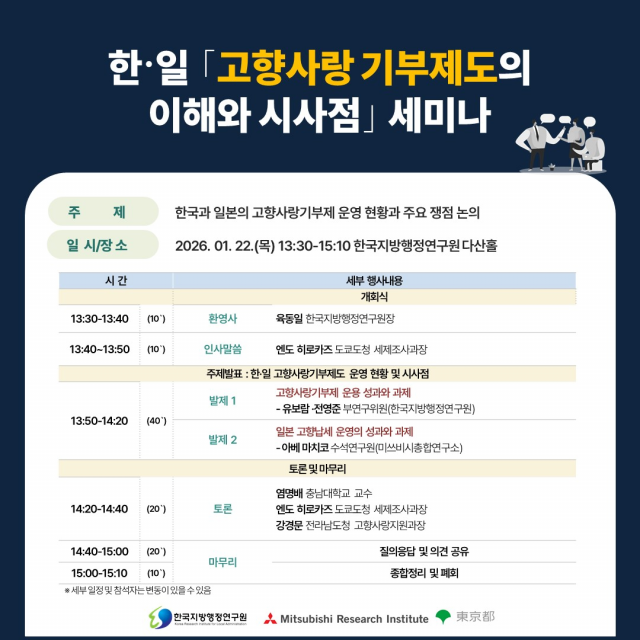 한국지방행정연구원 ‘한·일 ‘고향사랑 기부제도의 이해와 시사점’ 세미나’ 개최