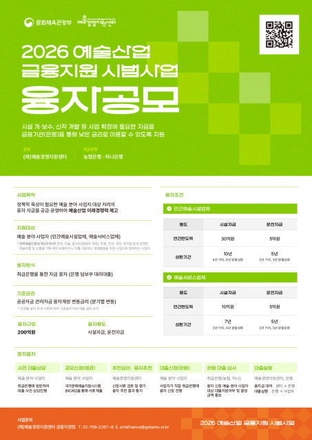 예술산업 금융지원 시범사업 추진… 융자 시범사업 공모 4월 7일까지 접수